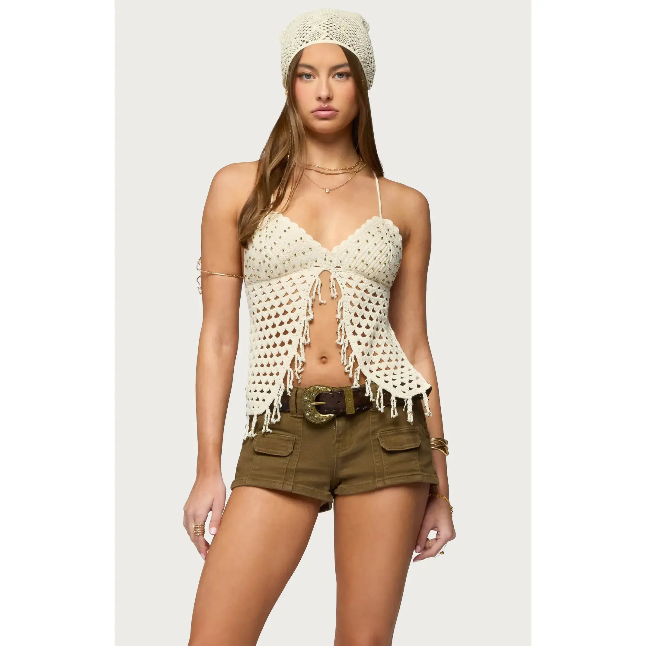 Edikted Women's Maggie Bead Split Front Backless Crochet Top