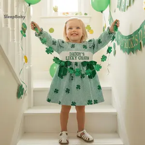 Toddler Girls Irish Striped Dress Puff Long Sleeve Crew Neck Shamrock Print Bow Decor A Line Spring Dress