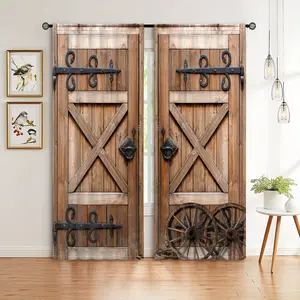 2 pieces, rural wooden door design printed curtains, farmhouse style, pole pocket style, semi sunshade polyester fiber, suitable for home living room, bedroom, balcony, kitchen, study and shower room window decoration, anti privacy, easy to clean.
