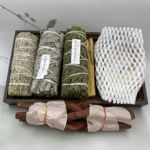 Blue and White Sage & Cedar Palo Santo Smudging Set – Meditation and Aura Cleansing Kit with Full Moon Charged Quartz Crystal, for Energy Clearing, Meditation, Negative Energy Removal, Purification, Spiritual Healing, and Incense Sticks