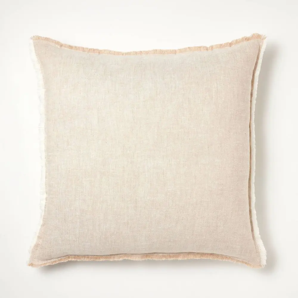 Reversible Linen Square Throw Pillow with Frayed Edges