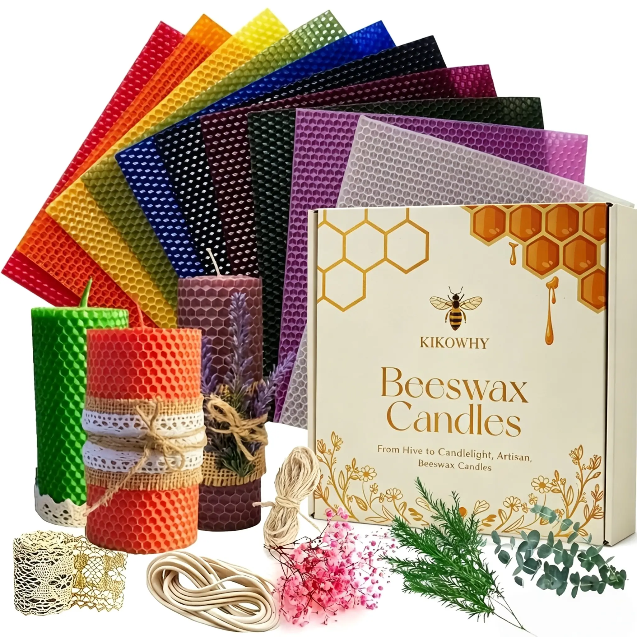 Beeswax Candle Making Kit, 100% Pure Natural Honeycomb Beeswax, Multi-Size & Vibrant Solid/Multicolor Options, Full DIY Craft Supplies for Kids & Adults, Witch Ritual, Home Decor, Thanksgiving, Christmas & Holiday Handmade Gifts Handcraft Candlewax
