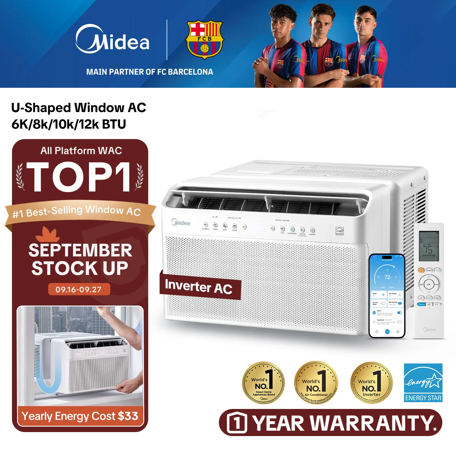 Midea 6K/8K/10K/12K BTU U Shaped Smart Inverter New Window Air Conditioner, Cools up to 450 Sq. Ft.,Ultra Quiet with Open Window Flexibility, Works with Alexa/Google Assistant, 35% Energy Savings, Remote Control