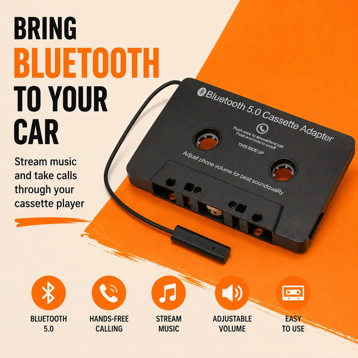 Bluetooth 5.0 Cassette Adapter for Car – Wireless Music Receiver for Vintage Old Cars with Tape Deck, Hands-Free Call, Plug & Play, No Modification Needed