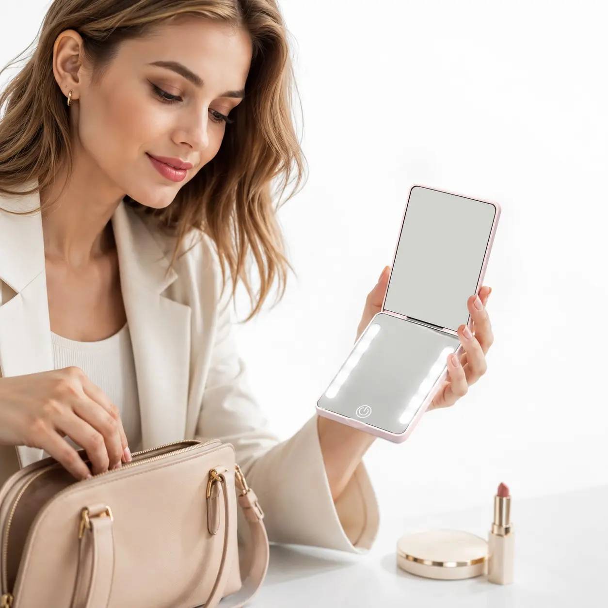 Rechargeable LED Makeup Mirror, 3 Color Lighted Vanity Mirror with Touch Control, Adjustable Brightness, Foldable Portable Compact Travel Mirror for Women