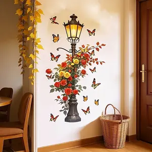 Vintage Streetlight Rose Butterfly Wall Sticker, European Floral Decor, Romantic Atmosphere, Self-Adhesive Removable, Home Decoration