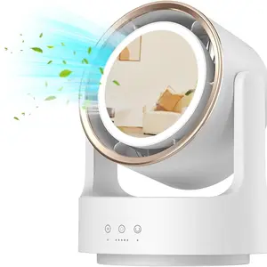Desktop Fan with LED Makeup Mirror, Rechargeable Circulation Fan with 5 Speed Adjustment, Small Rotate Bladeless Fans for Bedroom Office Home