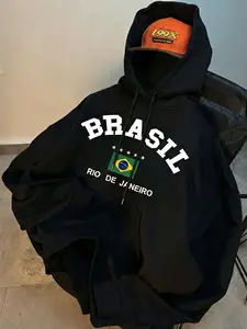 Hooded Sweatshirt with Brazilian Flag Print, Long Sleeve Fitted Street Style, Soft Comfortable Fabric, Casual Daily Wear