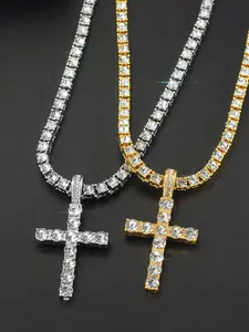 Ice Crystal Cross Pendant Necklace Choker Unisex Hip Hop Jewelry Gold & Silver Metal Coated Chain Fashion Gift for Men Women Lead-Free Skin-Friendly Durable Comfortable