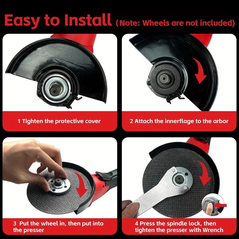 4-1/2 inch angle grinder – Cordless design, suitable for metal cutting – Rust-resistant, removable safety guard – Stainless steel/rubber handle