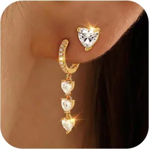 Valentines Day Earrings  Women Dangle Earrings - 14K Gold Plated Heart Dangle Earring Set Dainty Simple Long Dangling Jewelry Drop Hoop Earring  Women Jewelry Gifts