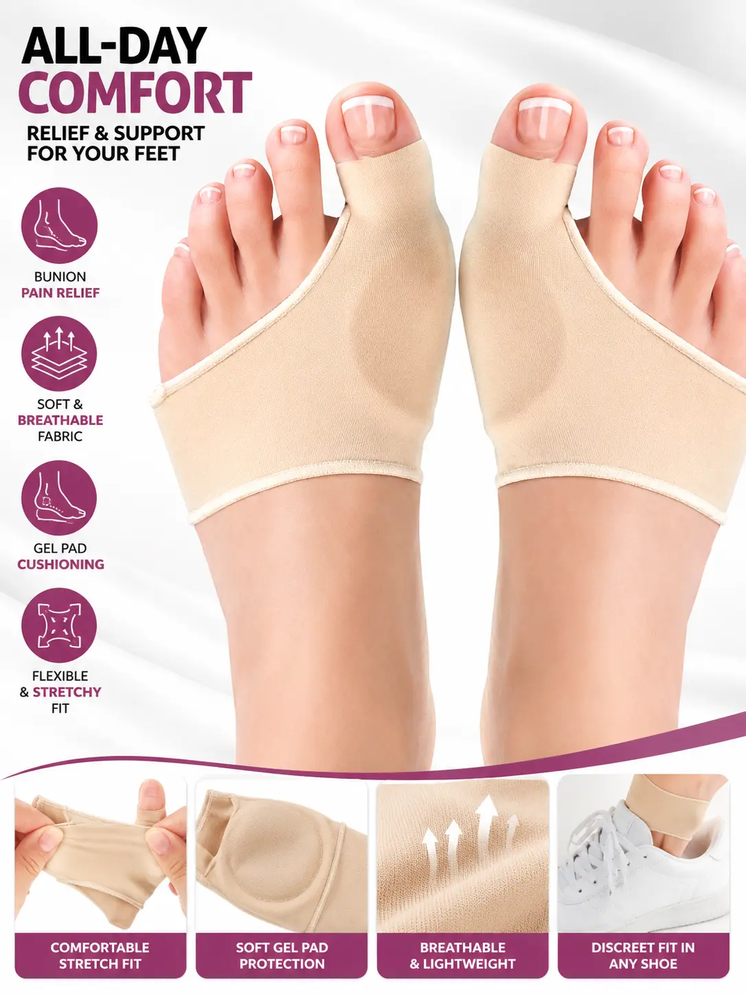 2 Bunion Relief Pads Sleeve - Bunion Splint Orthopedic Bunion Corrector Socks - Gel Pad Elastic Cushions Men and Women (1 Pair)