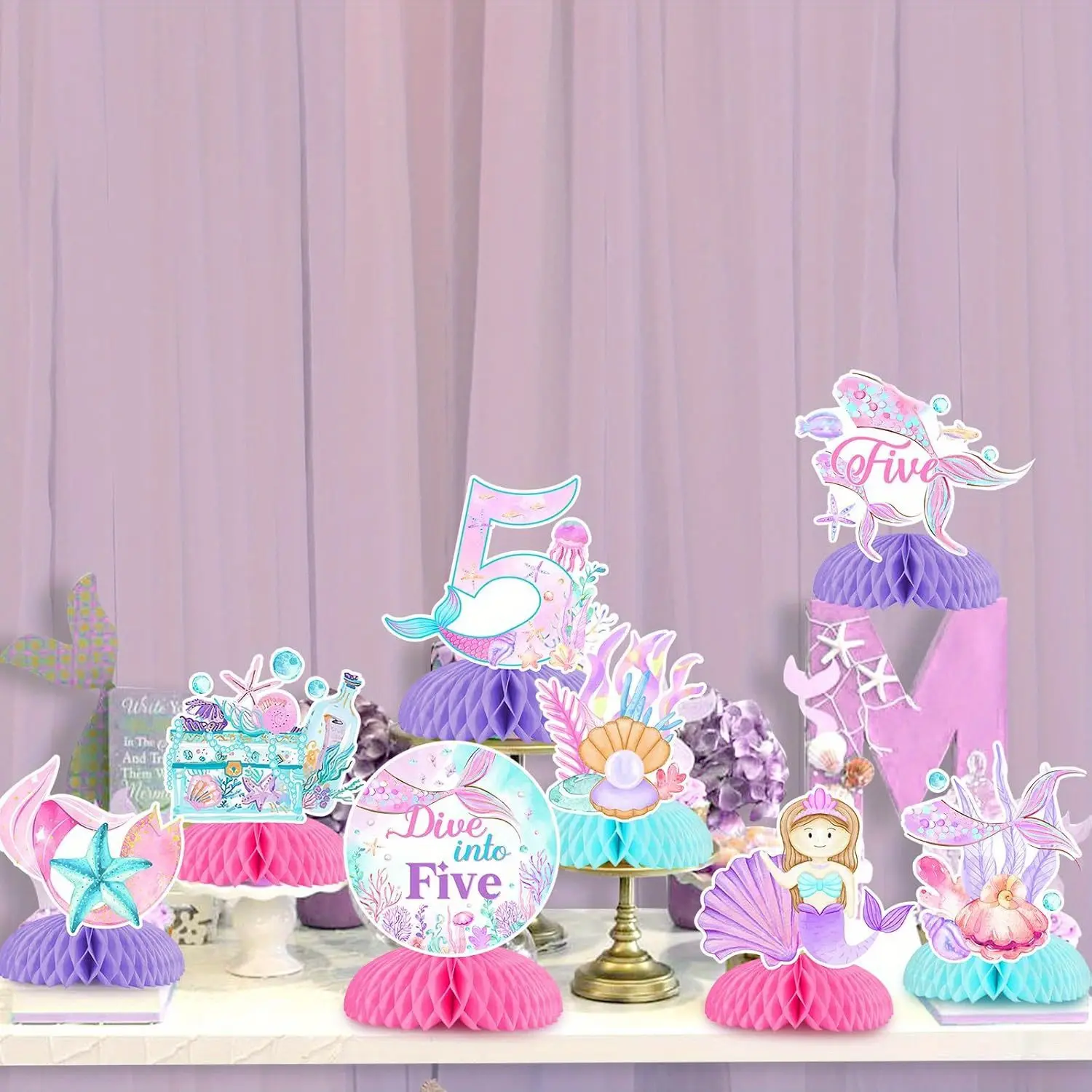 1Set Mermaid 5th Birthday Decorations 8pcs Mermaid Dive Into 5 Honeycomb Centerpiece Little Mermaid Birthday Party Supplies Mermaid Ocean Table Toppers Centerpieces Under The Sea Party Decors