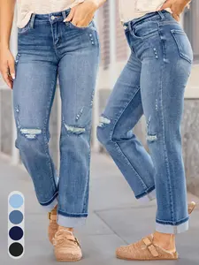 Women's Straight Leg Jeans, Casual Fashionable Elastic Fitted Ripped Denim Jeans, Distressed Jeans, Trendy Jean Fabric