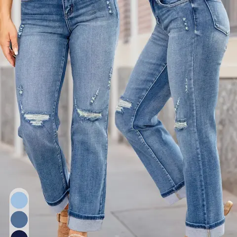 【Black Friday】Women's Straight Leg Jeans, Casual Fashion Elastic Fitted Ripped Design Denim Jeans, Distressed Jeans with Pockets