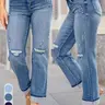 【Black Friday】Women's Straight Leg Jeans, Casual Fashion Elastic Fitted Ripped Design Denim Jeans, Distressed Jeans with Pockets