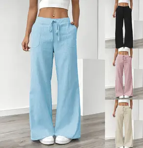 Women'S Wide Leg Pants with Lantern Pockets - Casual Striped Loose-Fit Drawstring Waist, Lightweight Polyester for Spring & Summer, Black, Beige, Blue Stripes