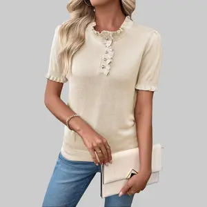 Shewin 2026 Spring/Summer Women's Casual Ruffled Mock Neck Top - Breathable Viscose Short Sleeve Blouse with Half Placket Buttons and Frill Cuffs for Daily Wear
