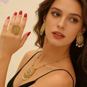 Women’s Turkish Ethnic Middle Eastern 4‑Pcs Jewelry Set, Vintage Exotic Necklace Earrings Ring & Bracelet, Retro Fashion Accessories for Daily Wear, Party Events & Festival Occasions