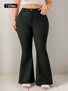 【Plus Size】 Solid Fitted Button Fly Flare Leg Denim Jeans, Casual Retro Fashion Style Flared Bell Bottom Trousers for Daily Wear, Women's Bottoms for All Seasons