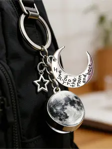 Double-sided glass ball star accessory, comes with a crescent moon, with sentences about the moon and stars, glowing phantom moon style starry sky dreamy synthetic gemstone keychain, pearl keychain, Keychain Charm