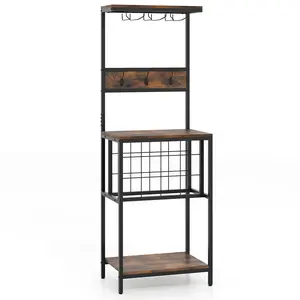 COSTWAY - Freestanding Wine Rack Floor Wine Bar Cabinet with Glass Racks-Rustic Brown