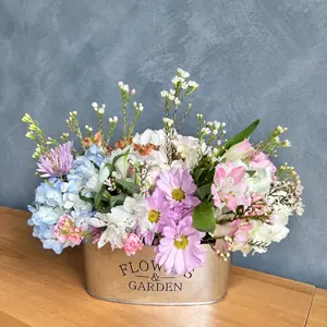 Bloom & Save Serene Garden in Full Bloom Fresh Flowers with Free Local Delivery Delicate Pink Daisies Airy Blue Hydrangeas Rustic Elegance Galvanized Metal Container