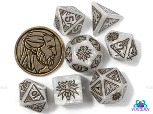 Geralt (The White Wolf) | Q-Workshop Witcher-Themed Dice, Pearled White & Brown Ink | Acrylic Dice Set (7)