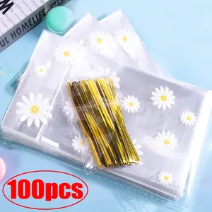 100/50Pcs Daisy Candy Bags Transparent Flower Biscuits Baking Packaging Bag Wedding Birthday Party DIY Gifts Wrapping Supplies