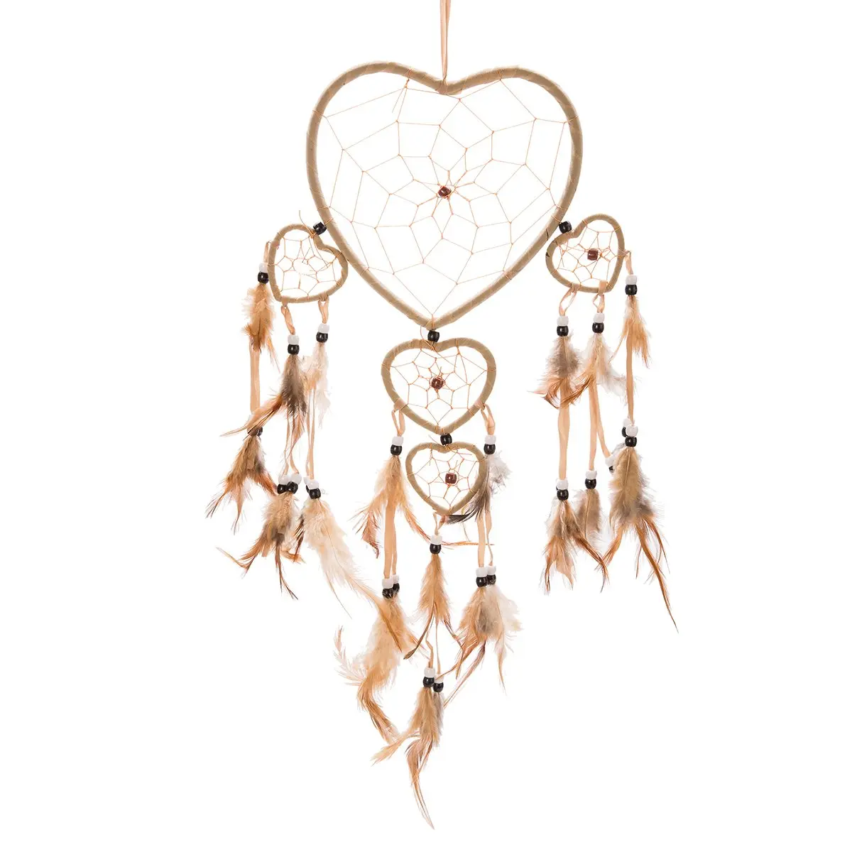 Thy Home 19in Handmade Traditional Brown Fabric Feather Pattern Dream Catcher with 5 Hearts - Decorative Hanging Indoor Home Decor, Gift-Ready Car Ornament, Wall, Sleep Aid, Five Hearts
