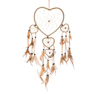 19" Traditional Brown Dream Catcher with Feathers Wall or Car Hanging Ornament Five Hearts