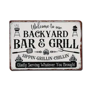 Backyard Bar & Grill Metal Tin Sign – Funny Rustic Wall Decor for Patio, BBQ Area, Garage or Man Cave, Vintage Outdoor Sign with Sippin' Grillin' Chillin' Quote, 8x12 Inches