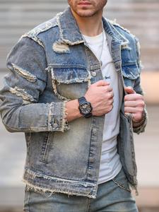 men's raw wash ripped denim jacket, casual style button front pocket design raw hem jean coat for daily wear, mens clothing, fashion men's clothes for all seasons, jackets for men