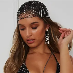 Christmas giftsRhinestone Fishnet Headband in Black, Y2K Party Style, Decorative Veil Cap for Vacation & Outdoor Events, Hair Accessory for Women-D54YHE