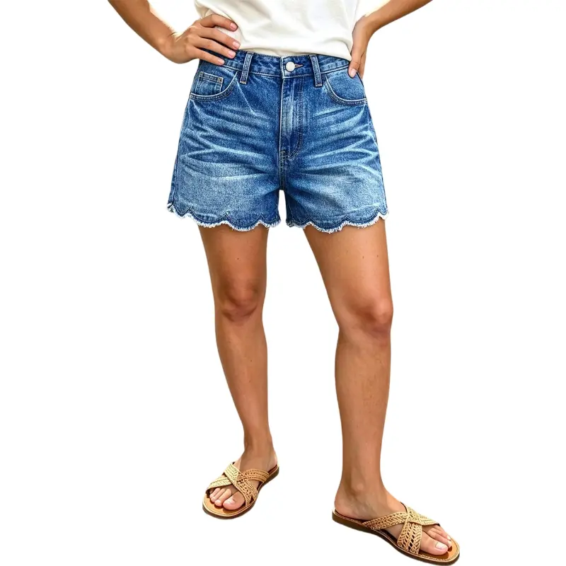 Flamingals Wash Scallop Trim Raw Hem Mid Rise Denim Shorts Womenswear Stretchy 3.9" Inseam