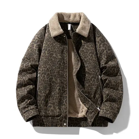 Men's Vintage Leopard Print Lapel Fleece Lined Warm Jacket Autumn Winter Trendy Casual New Coat quilted jacket winter outfits Stylish Menswear Functionality