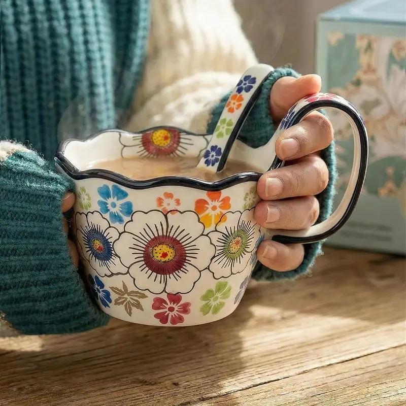Hand-Painted Floral Ceramic Mug with Handle, Microwave Safe, Washable, Durable Reusable Artistic Drinkware, Vibrant Stylish Coffee Cup, Daily Use & Holiday Gift, Creative Mugs