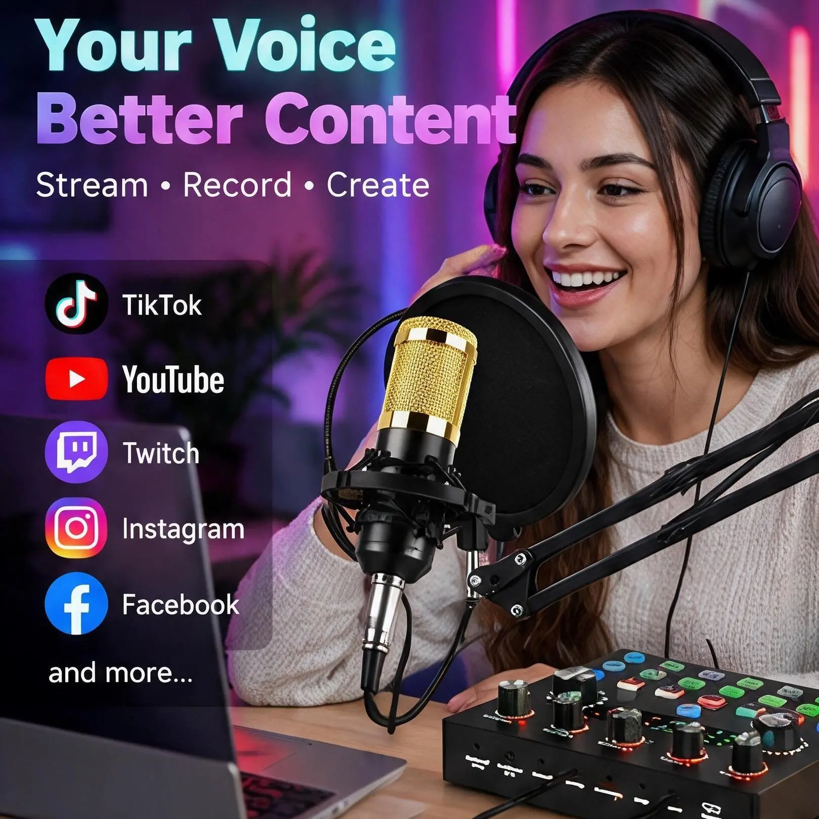 BM800 Recording Microphone Kit - with V8S Mixer, Dual-Host Live Support and 4 Voice Modes, for PC, Mac, iOS, Android and Everyday Content Creation