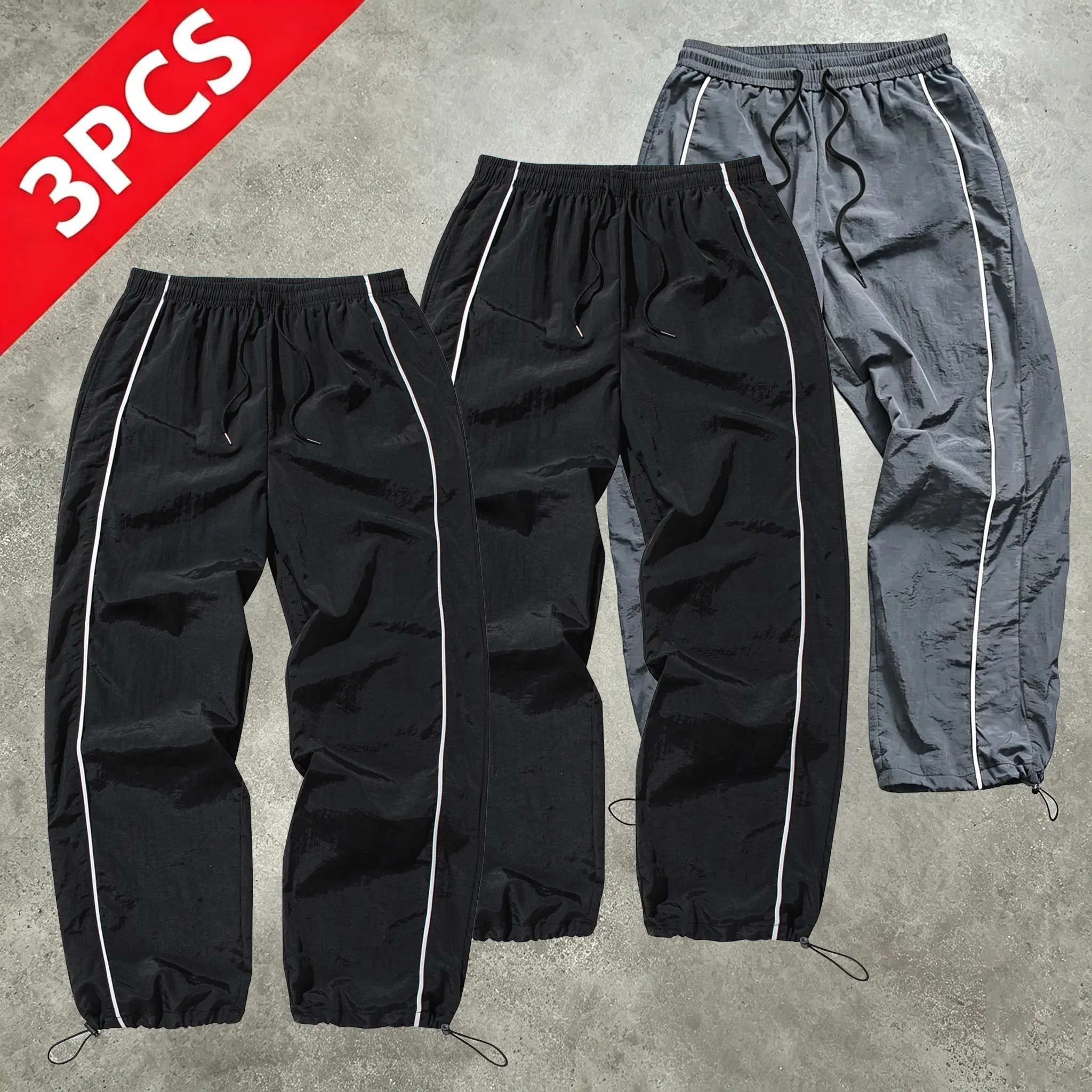Men’s 3-Pack Athletic Long Pants - Casual Sporty Trousers with White Side Stripes, Drawstring Cuffs, Elastic Waistband, Quick-Dry Fabric, Straight-Leg Slimming Fit, Athleisure Fitness Bottoms for Outdoor Jogging, Black/Gray Active Joggers Pants