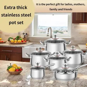 Thick Stainless Steel Cookware Set, Includes 4 Soup Pots, 1 Fry Pan, 1 Milk Pot, 6 Glass Lids, Ergonomic Handles, Home Kitchen Use, Cooking Pans Set