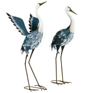 Outsunny Heron Garden Statues, 29" & 27.5" Standing Bird Sculptures, Metal Yard Art Decor for Lawn, Patio, Backyard, Landscape Decoration Set of 2, Blue & White