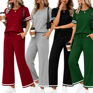 Two Piece Sets for Women Summer Outfits Lounge Sets Short Sleeve Tops Wide Leg Pants Vacation Travel Outfits