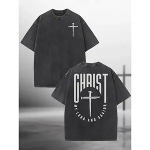 Heavyweight Graphic Tee - Double-Sided Washed “My Lord and Savior” & “Christ” Print, Streetwear Crew Neck Regular Fit T-Shirt, All-Season Faith Apparel for Church & Daily Wear, TikTok Viral Mens Religious Street Style