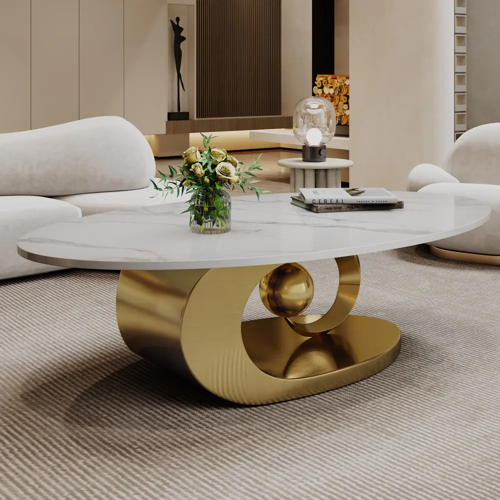 Modern Faux Marble Coffee Table, Sintered Stone Contemporary Tables with Stainless Steel Base