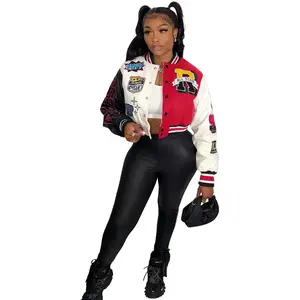 2026 Spring & Fall New Women's Ribbed Baseball Jacket, Trendy Hypebeast Short Sleeve Printed Street Style Fashion Jacket, Cool Crew Neck Hipster Team Jacket #BaseballJacket #Streetwear #HypebeastFashion #TrendyOuterwear #SpringFallJacket #WomenStreetStyle
