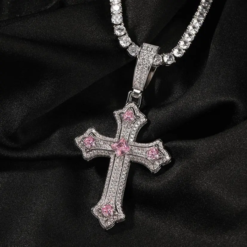 HOLY BLING" Titanium Cross Chain Religious Jewelry Cuban Link Design Purple Zircon Unisex Versatile Accessory High-Quality Materials HOLY BLING" Titanium Cross Chain Religious Jewelry Cuban Link Design Purple Zircon Unisex Versatile Accessory High-Quality Materials