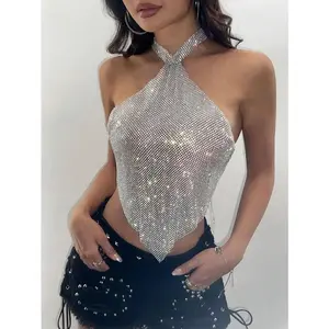 Glitter sequin diamond metal top backless fantasy burlesque Cabart party Carnaval cover up top sexy club tank top Clothes Fabric Comfort Basic Halter