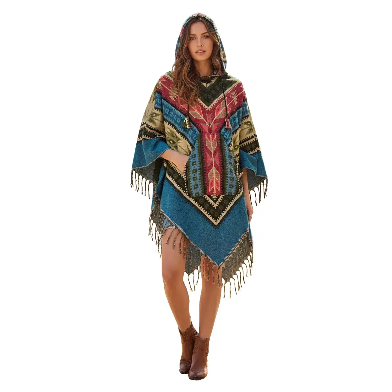 Festival Hooded Poncho: Unisex Boho Woven Wool Blend