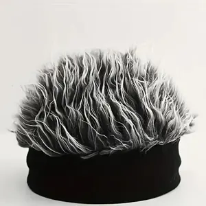 Men’s Faux Fur Beanie Hat – Funky Hip-Hop Brimless Cap with Straight Hair Design | Black & White Streetwear Hat for Parties, Cosplay & Festivals