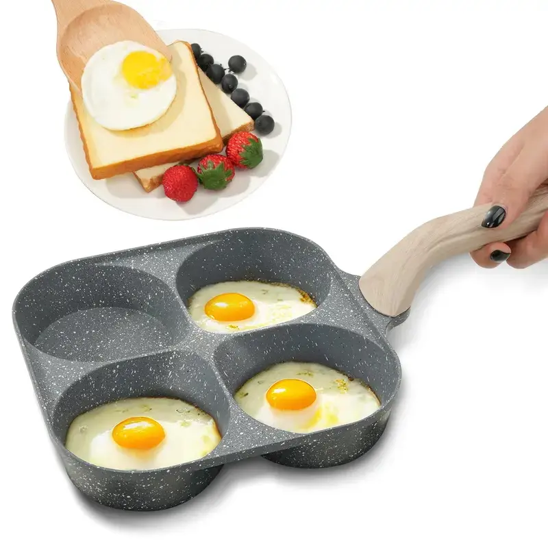 4-in-1 Sectioned Nonstick Frying Pan - Compact Aluminum Alloy Cookware with Wooden Handle for Burgers, Pancakes, Kitchen Cooking Essential